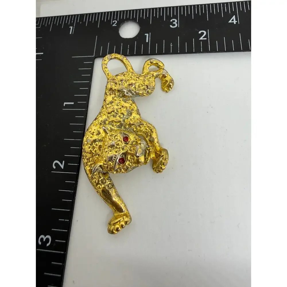 Tiger Leopard Brooch Gold Tone Red Eyes Figural Big Cat Safari Statement Jewelry